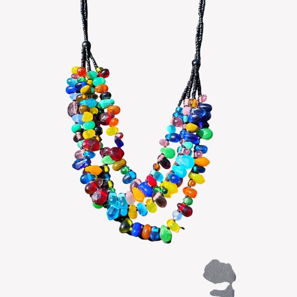 Colorful Glass Mali Bead Multi-Strand Necklace Adjustable 22-25"
